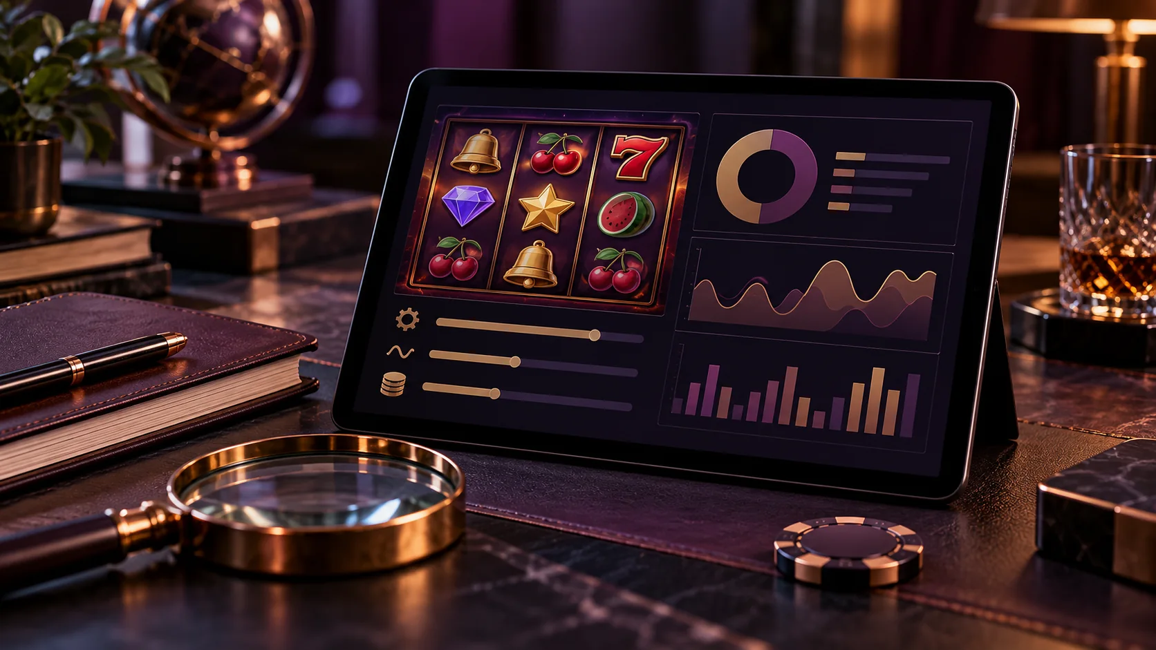 Slot bilgi ekranı ve oyun kurallarını incelemeyi simgeleyen büyüteç