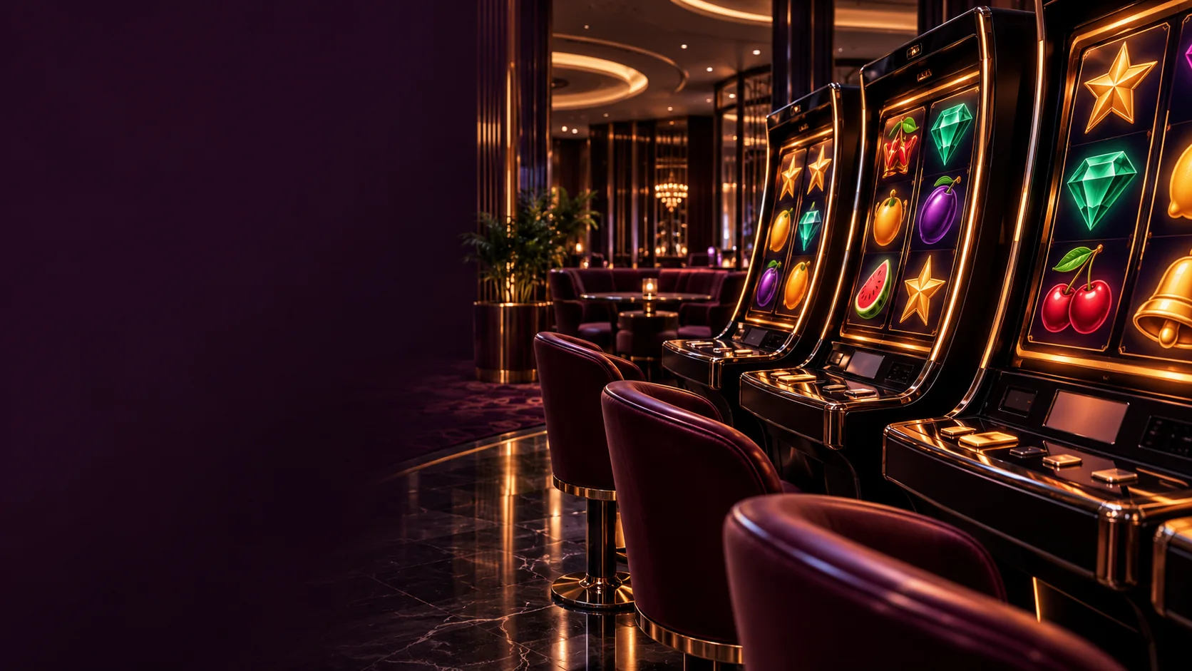 Markasız slot oyun ekranlarının bulunduğu modern casino salonu